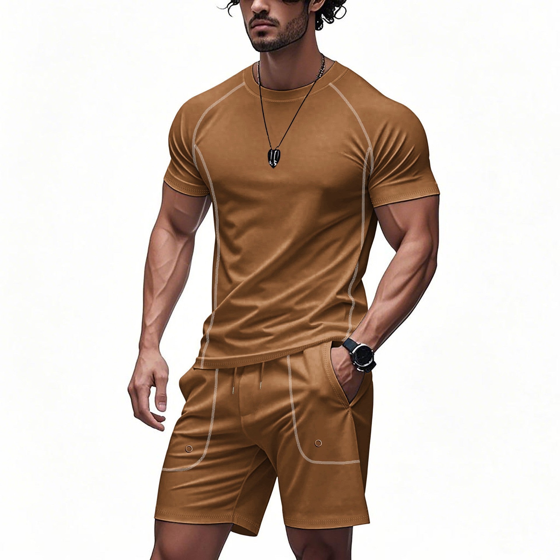 Loose Casual Solid Color Minimalism Short Sleeve Shorts Suit