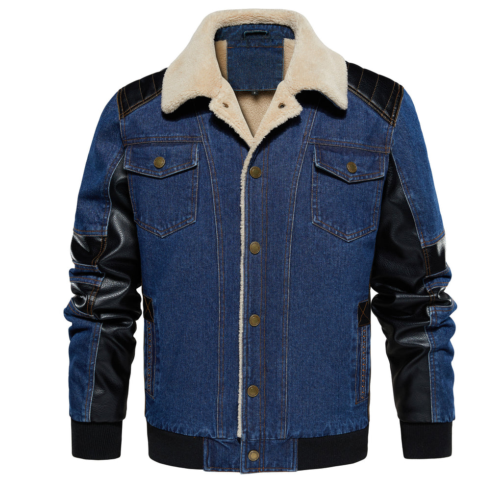 Men's Thickened Work Jacket, Denim - Patchwork Collared Multi - Pocket Autumn & Winter Jacket