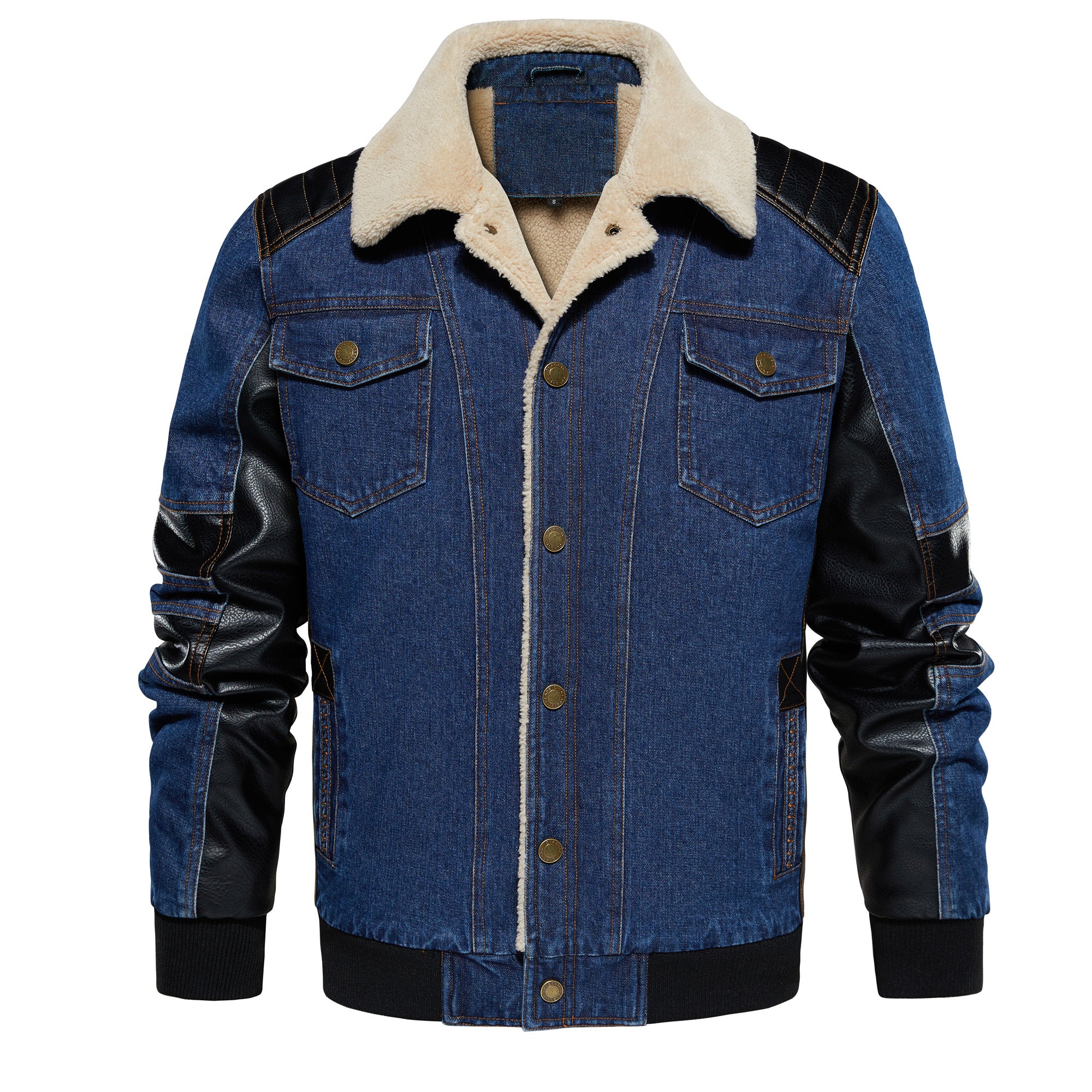 Men's Thickened Work Jacket, Denim - Patchwork Collared Multi - Pocket Autumn & Winter Jacket