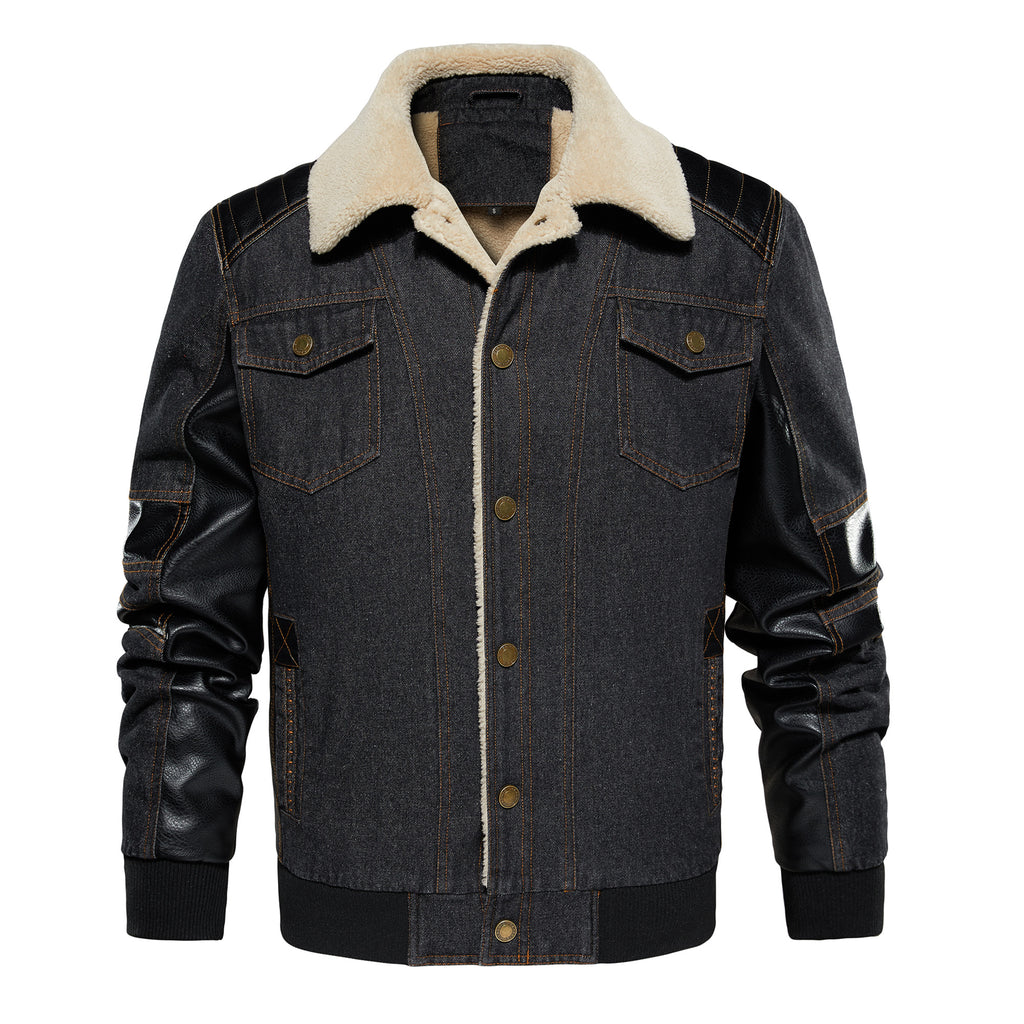 Men's Thickened Work Jacket, Denim - Patchwork Collared Multi - Pocket Autumn & Winter Jacket