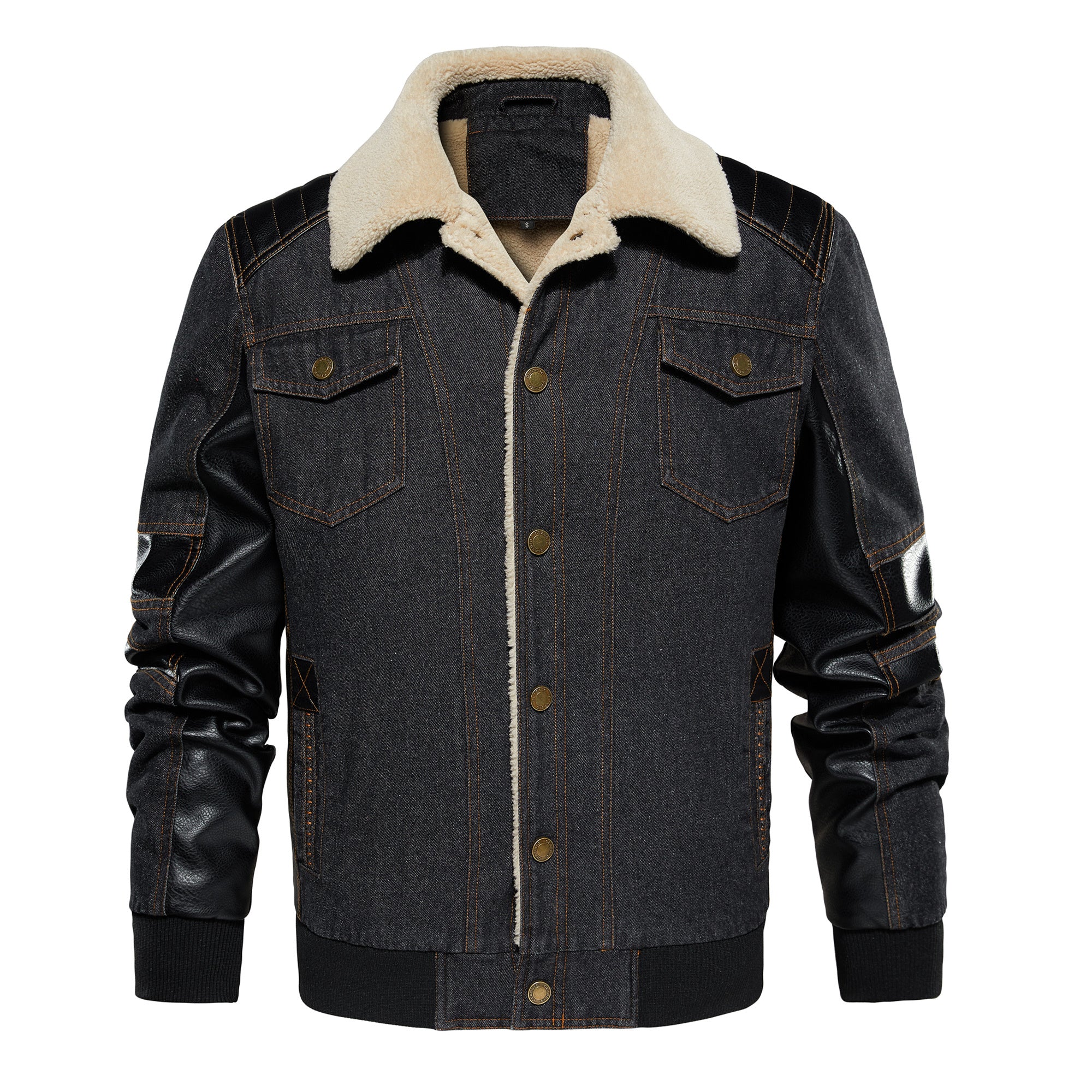 Men's Thickened Work Jacket, Denim - Patchwork Collared Multi - Pocket Autumn & Winter Jacket