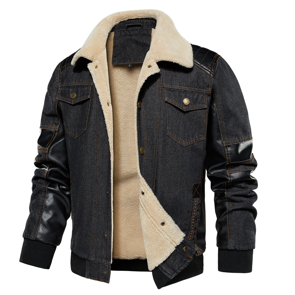 Men's Thickened Work Jacket, Denim - Patchwork Collared Multi - Pocket Autumn & Winter Jacket