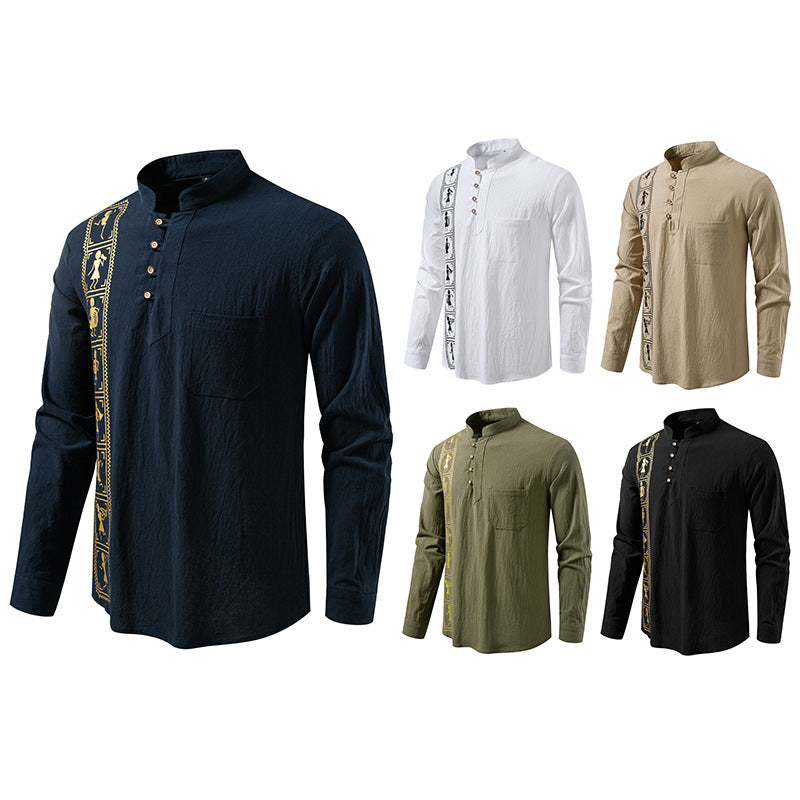 Printed Men's European Size Solid Color Cotton And Linen Shirt