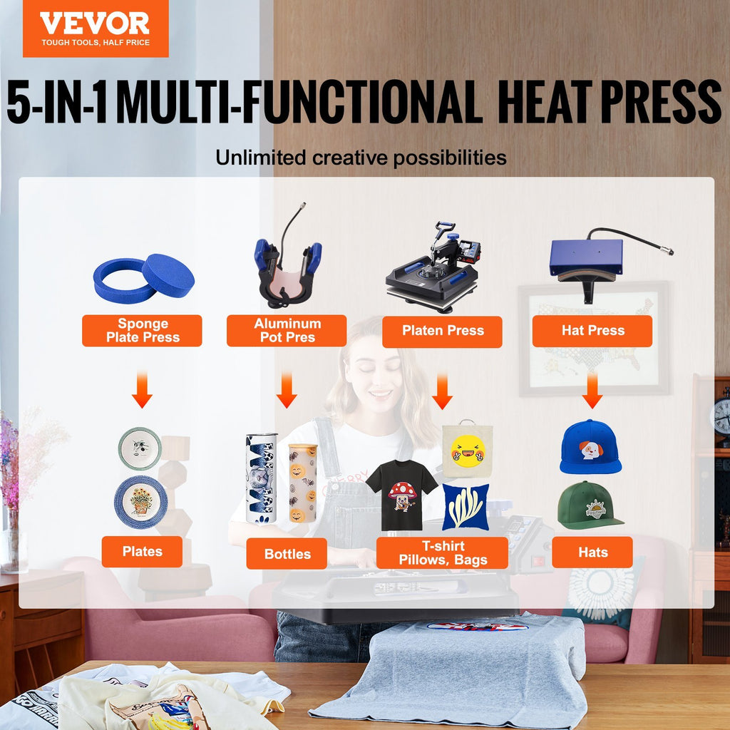 Heat Press 15x15, Upgraded Heat Press Machine 5 In 1, Anti-Scald, Fast-Heating, Swing Away Digital Control Multifunction Heat Press For Sublimation Combo For T-Shirt Hat Cap Mug Plate