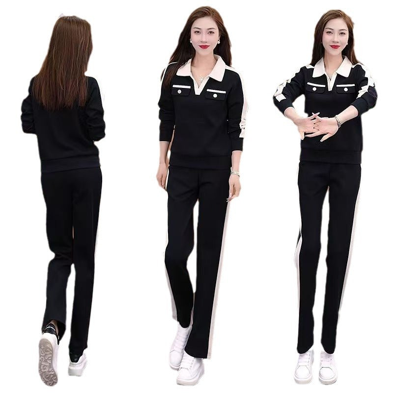 Casual Suit Women's Fashionable Stylish V-neck Slimming Long-sleeved Wide-leg Pants