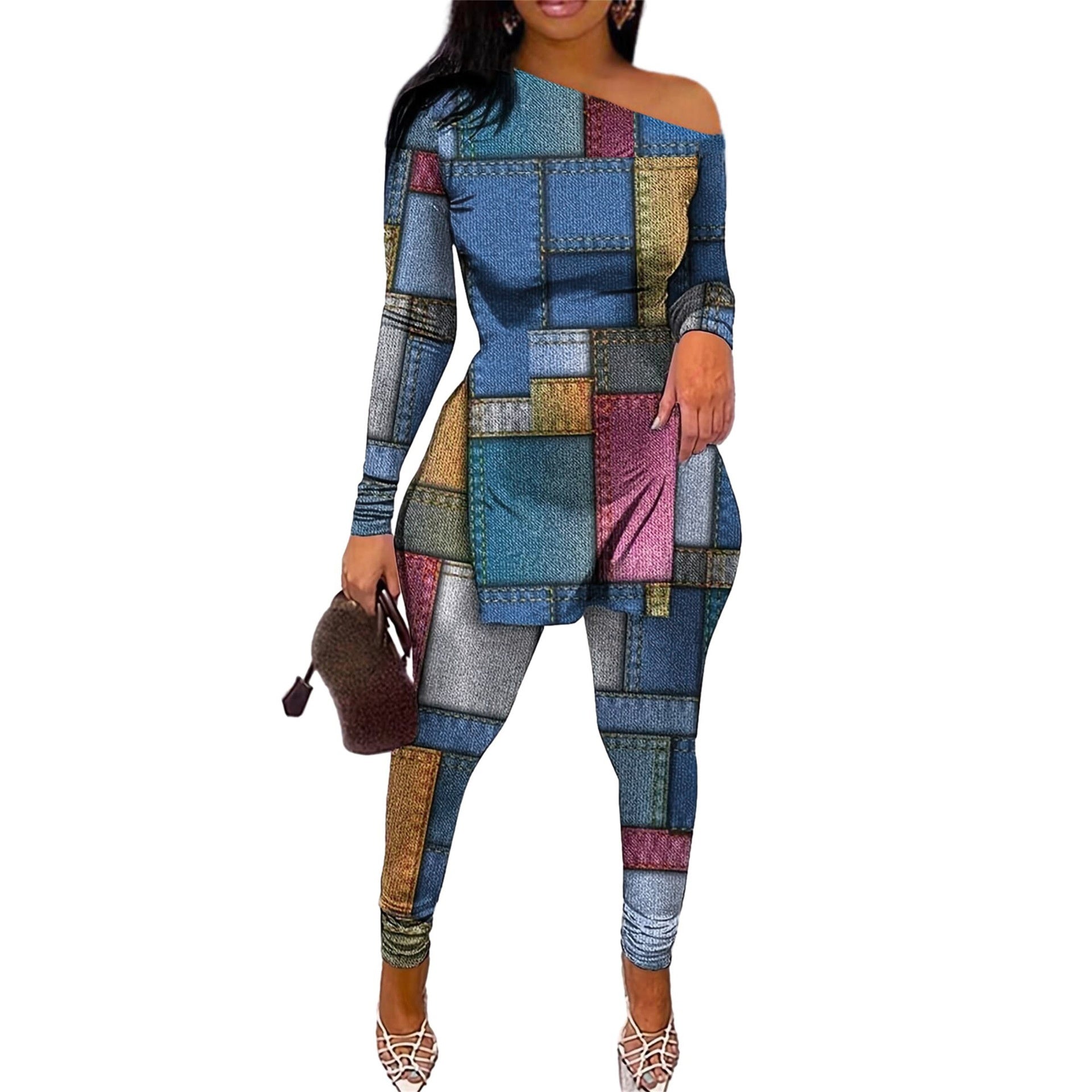 Casual Fashion Pattern Diagonal Shoulder Slit Hemline At Hem Short Sleeve Trousers Suit