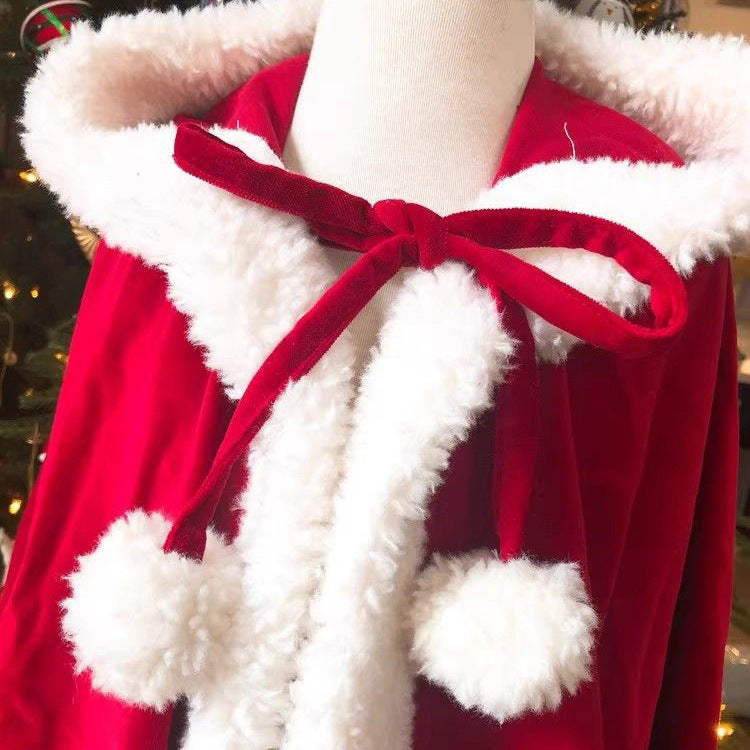 New Year Christmas Shawl Cape Red Burr Velvet Band Cap Windproof