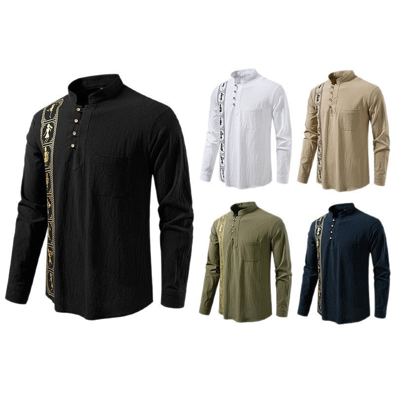 Printed Men's European Size Solid Color Cotton And Linen Shirt