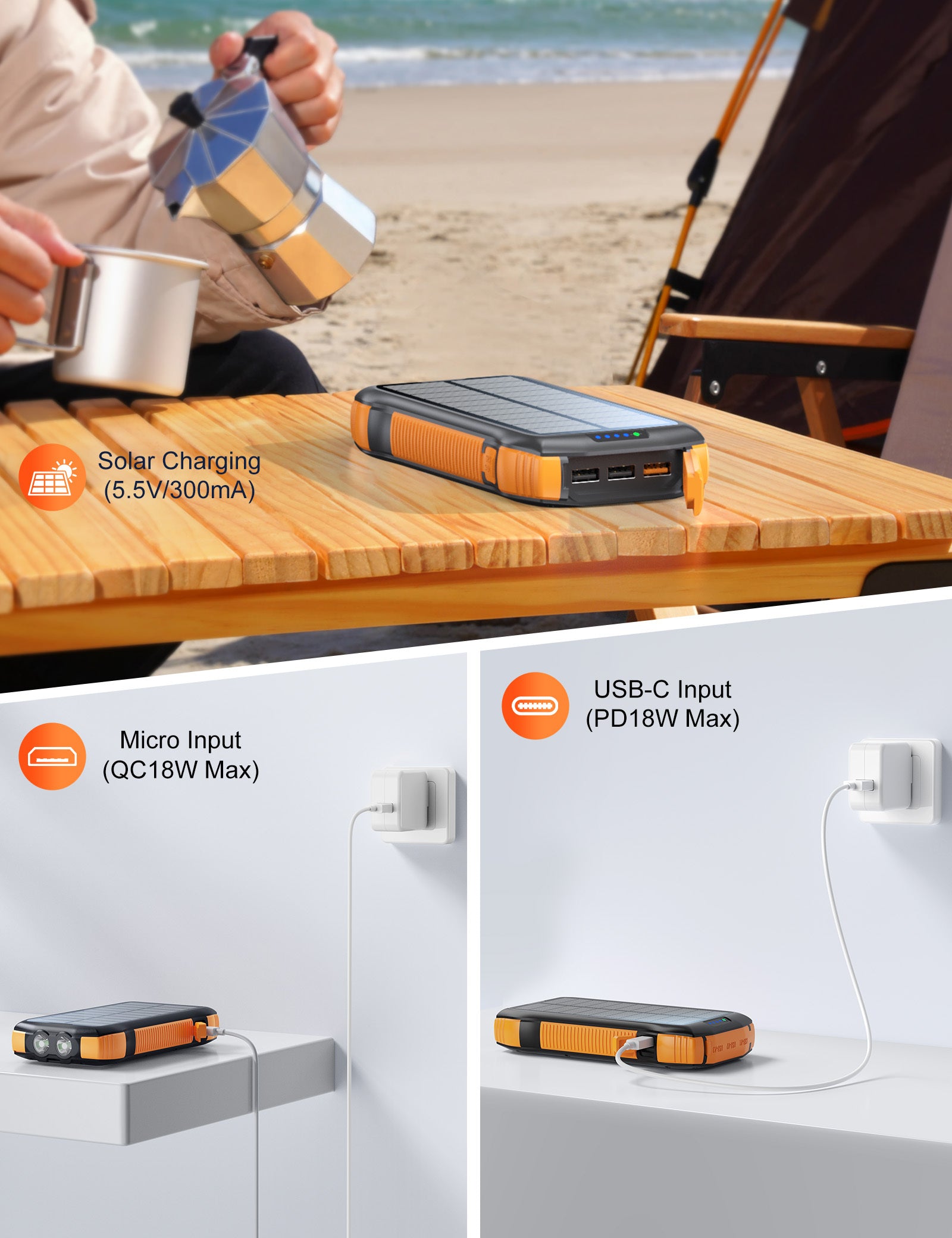 New Product Large Capacity 20000mAh 3 USB C Flashlight Ip67 Waterproof High-speed Wireless Charger Solar Power Bank