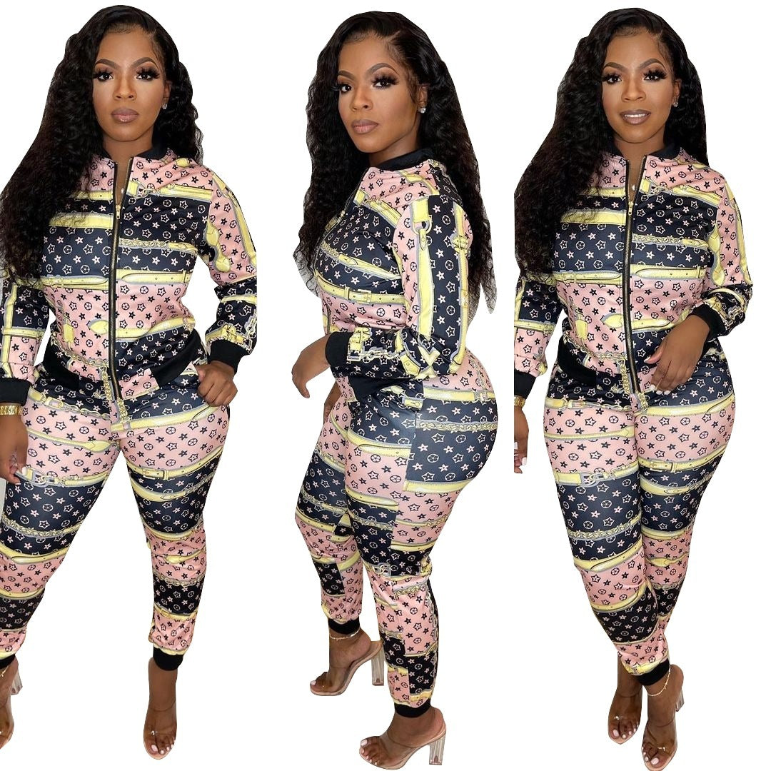 Casual Fashion Pattern Printed Long Sleeve Trousers Zipper Cardigan Suit