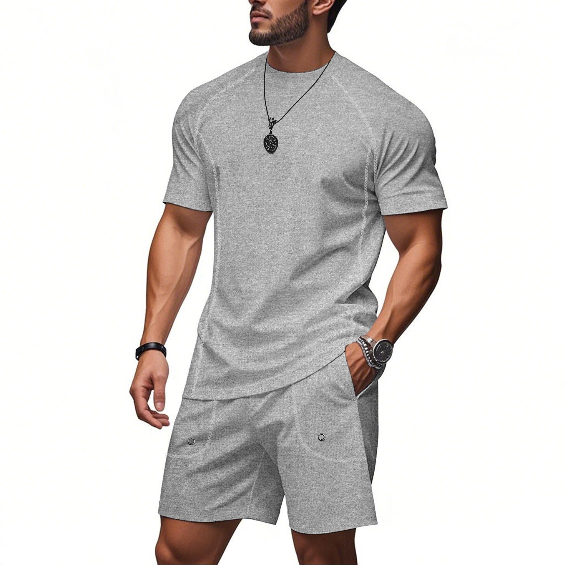 Loose Casual Solid Color Minimalism Short Sleeve Shorts Suit