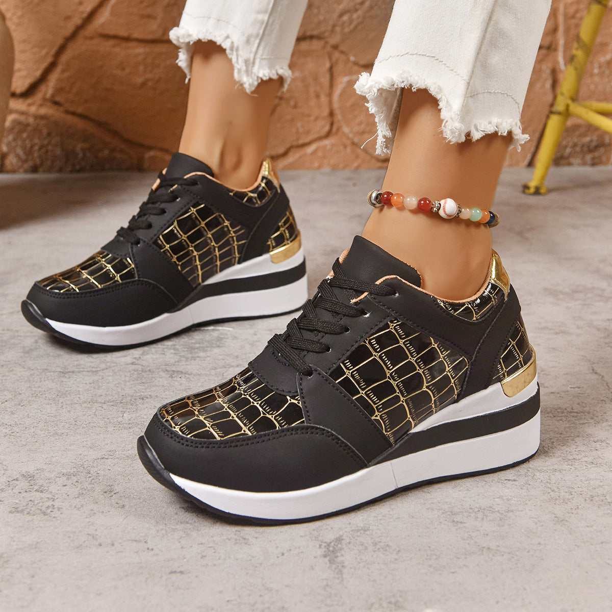 Women's Casual Plus Size Lace Color Block Wedge Sneaker