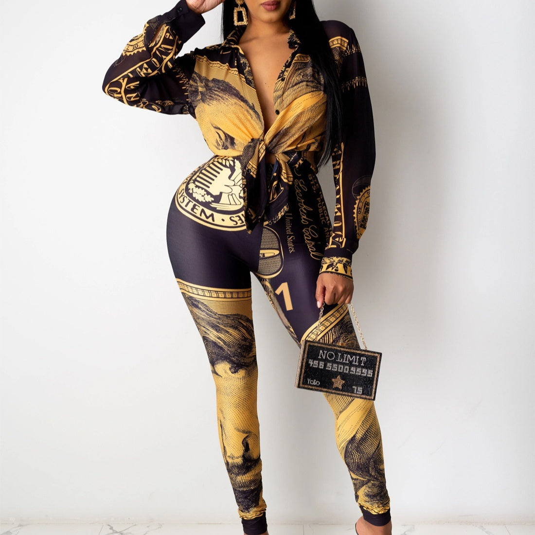 Women's Casual Fashion USD Printed Lace Up Long-sleeved Trousers Two-piece Suit