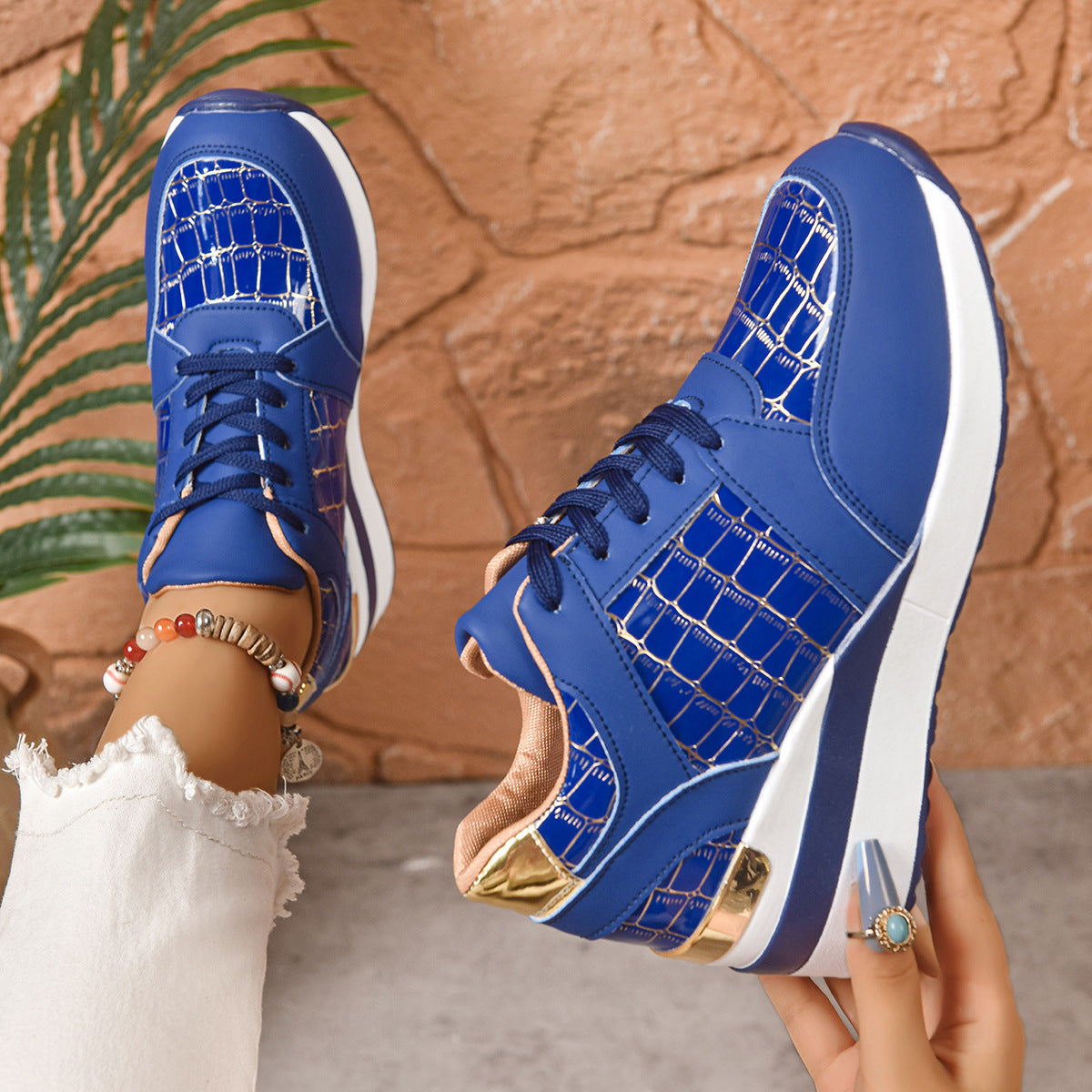 Women's Casual Plus Size Lace Color Block Wedge Sneaker