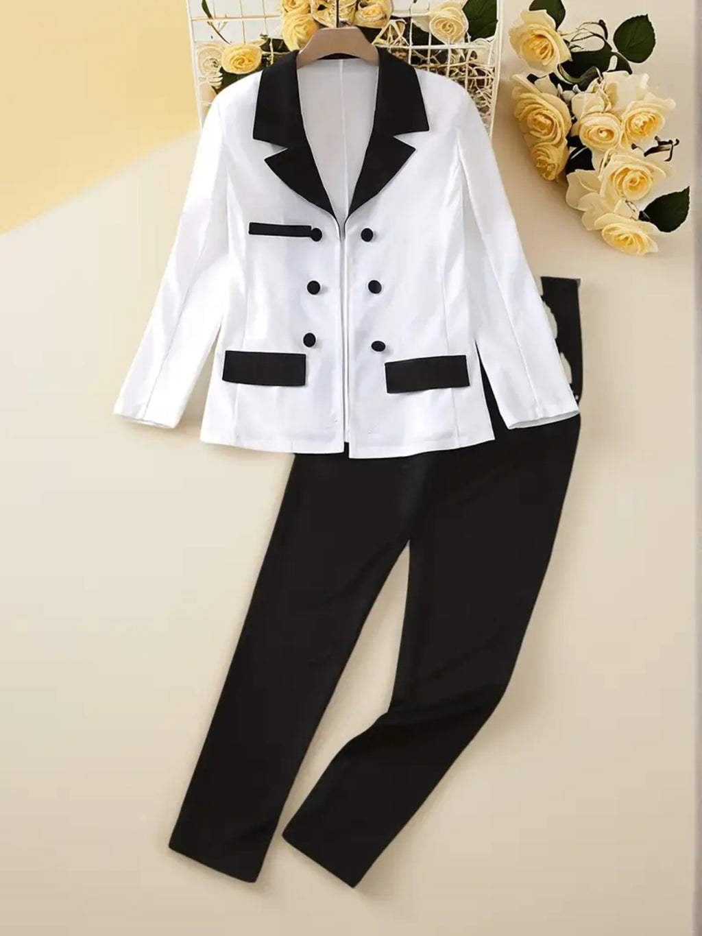 2025 Black And White Two-piece Pants Set, Casual Double Row Button Front Suit Jacket And Straight Leg Pants, Fashionable Women's Clothing