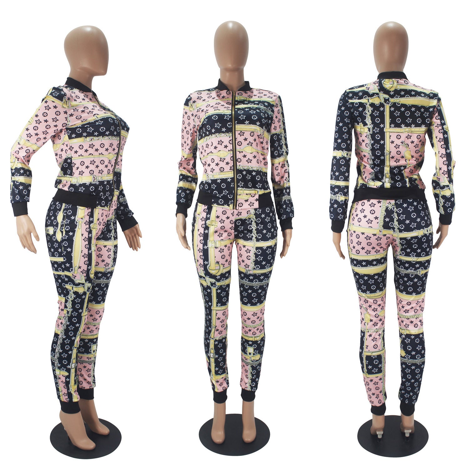 Casual Fashion Pattern Printed Long Sleeve Trousers Zipper Cardigan Suit