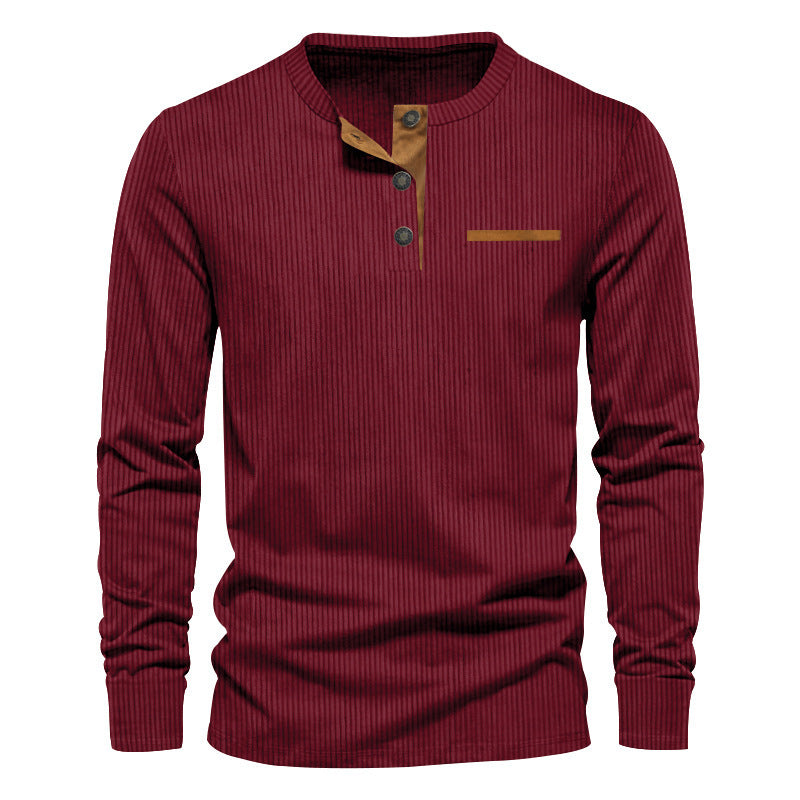 Men's Independent Stand Corduroy Casual Henley Slim Solid Color Long Sleeve T-shirt