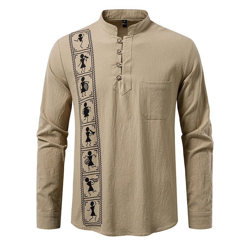 Printed Men's European Size Solid Color Cotton And Linen Shirt