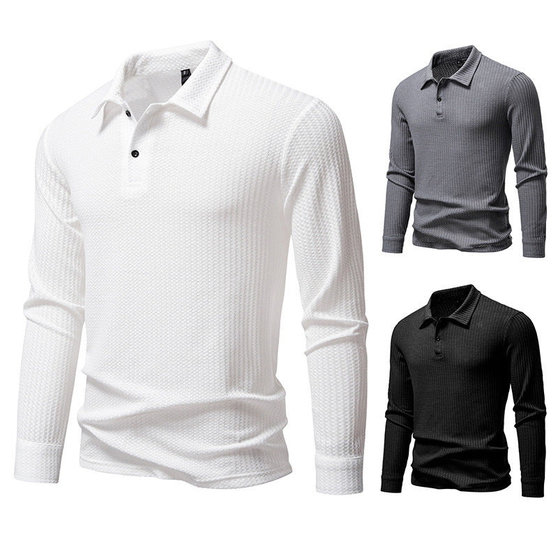 New Men's Walf Checks Fabric Long Sleeve Lapel T-shirt