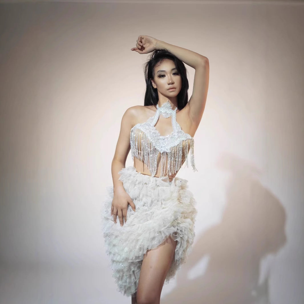 Top Skirt Shiny White Suit Tassel Backless Party Dress