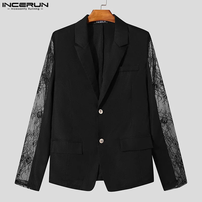 INCERUN Tops 2024 American Style Fashion Mens Perspective Lace Splicing Design Suit Coats Casual Solid Long Sleeved Blazer S-5XL