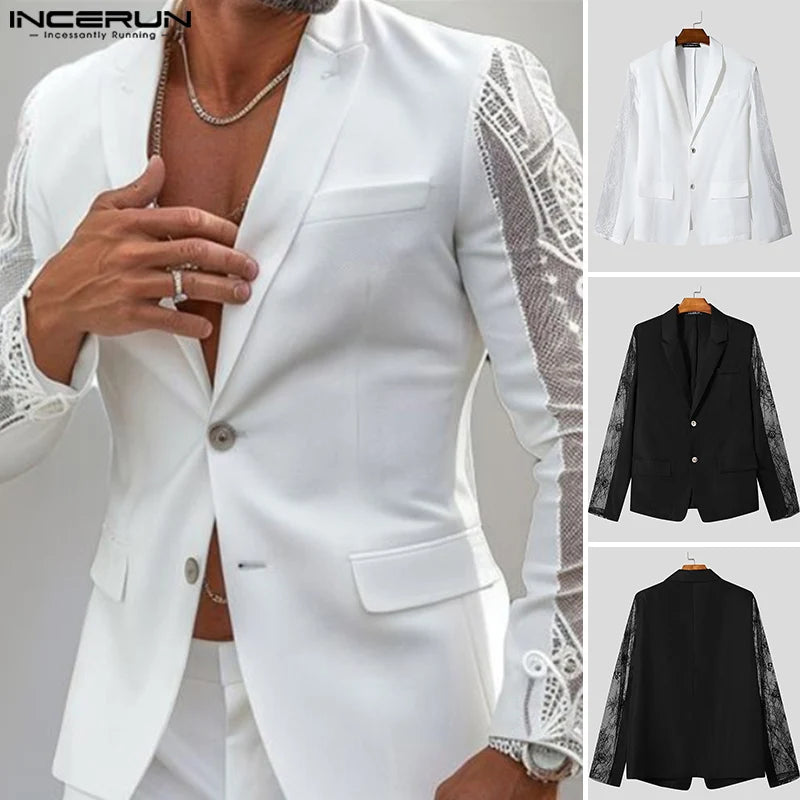 INCERUN Tops 2024 American Style Fashion Mens Perspective Lace Splicing Design Suit Coats Casual Solid Long Sleeved Blazer S-5XL