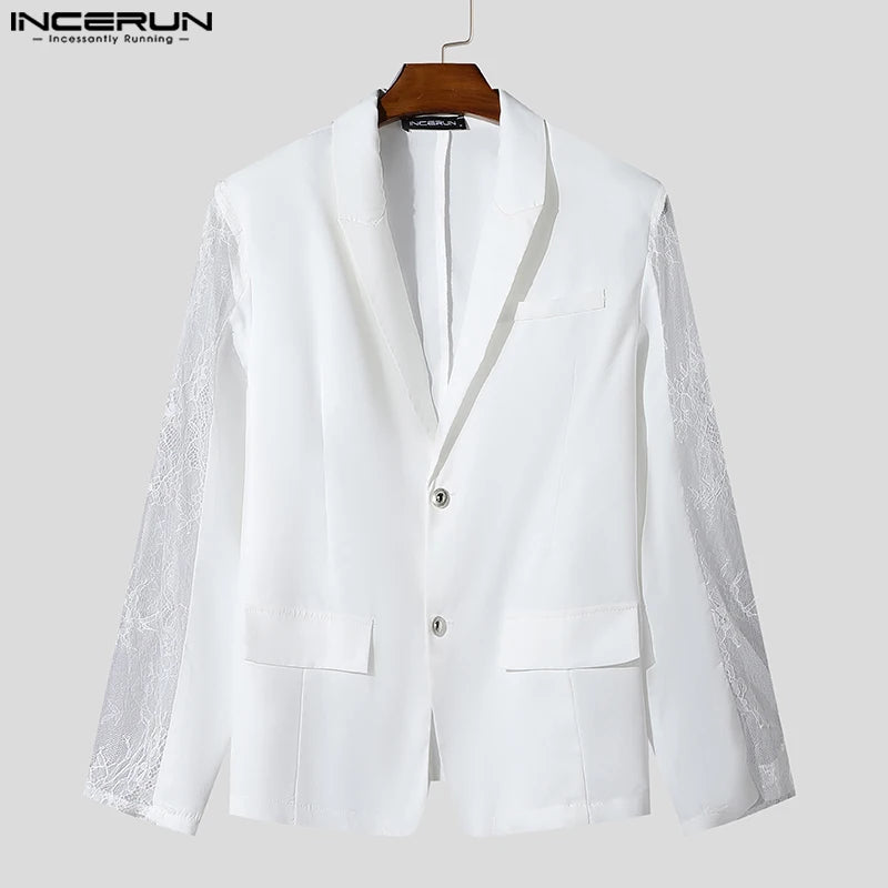 INCERUN Tops 2024 American Style Fashion Mens Perspective Lace Splicing Design Suit Coats Casual Solid Long Sleeved Blazer S-5XL