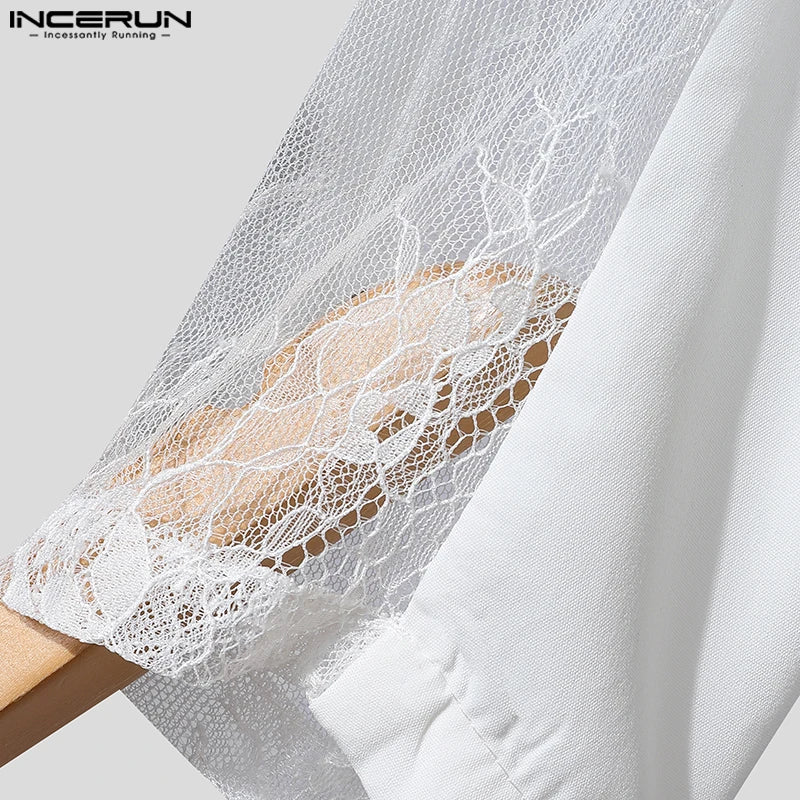 INCERUN Tops 2024 American Style Fashion Mens Perspective Lace Splicing Design Suit Coats Casual Solid Long Sleeved Blazer S-5XL