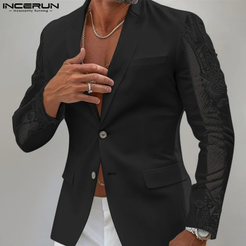 INCERUN Tops 2024 American Style Fashion Mens Perspective Lace Splicing Design Suit Coats Casual Solid Long Sleeved Blazer S-5XL