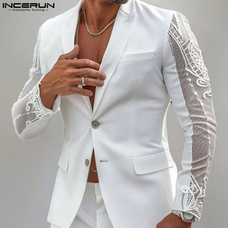 INCERUN Tops 2024 American Style Fashion Mens Perspective Lace Splicing Design Suit Coats Casual Solid Long Sleeved Blazer S-5XL