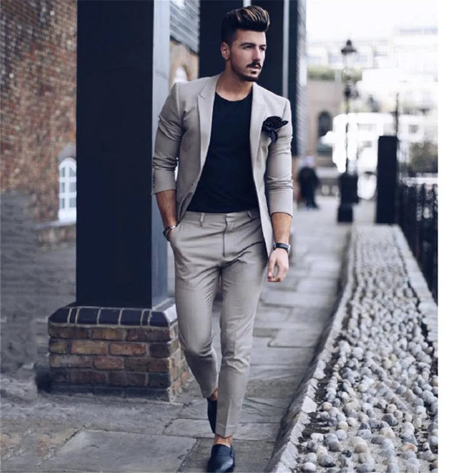 Men Suits Latest Designs Beige Groom Tuxedos elbow patches 2 Pieces (Jacket+Pants) Italian Man Suit Blazer Wedding Prom Dinner
