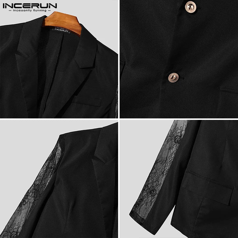 INCERUN Tops 2024 American Style Fashion Mens Perspective Lace Splicing Design Suit Coats Casual Solid Long Sleeved Blazer S-5XL