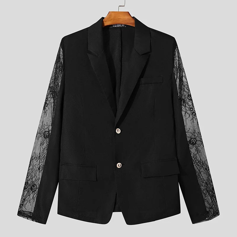 INCERUN Tops 2024 American Style Fashion Mens Perspective Lace Splicing Design Suit Coats Casual Solid Long Sleeved Blazer S-5XL