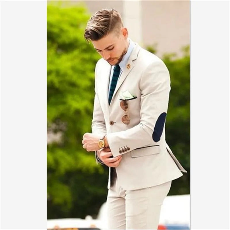 Men Suits Latest Designs Beige Groom Tuxedos elbow patches 2 Pieces (Jacket+Pants) Italian Man Suit Blazer Wedding Prom Dinner
