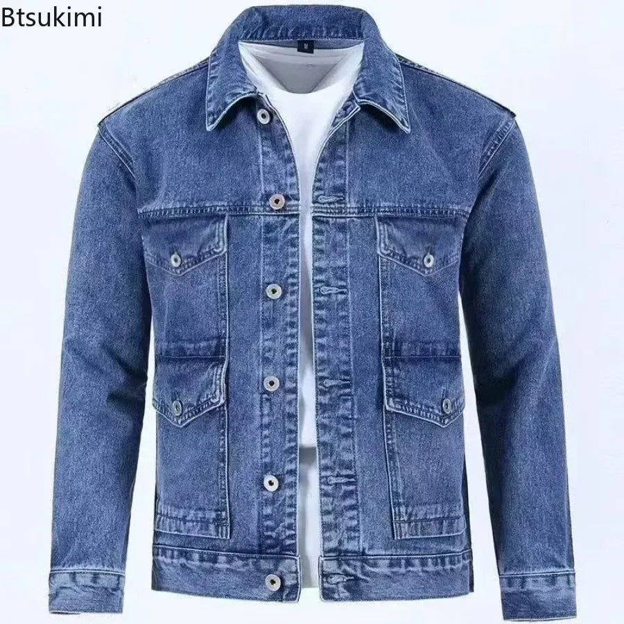 2025 New Men's Denim Cargo Jacket Loose Vintage Fashion Casual Cardigan Jacket Men Youth Handsome Washed Cowboy Coats Plus Size