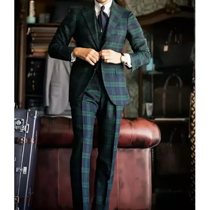 Luxury Men's Suits Blazer Formal Occasion Plaid Single Breasted Notch Lapel Blazer Elegant 3 Piece Jacket Pants Vest Costume
