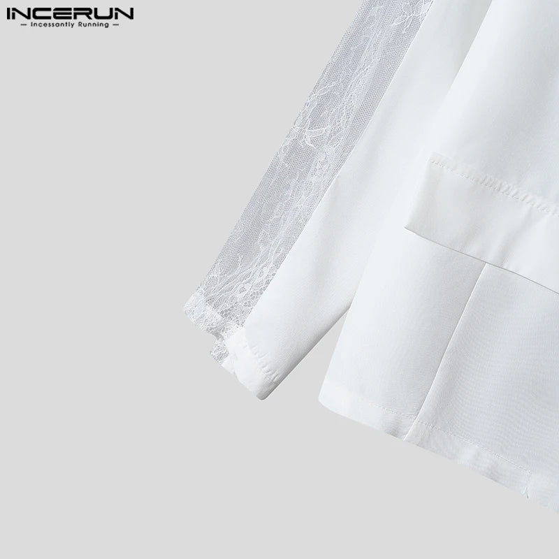 INCERUN Tops 2024 American Style Fashion Mens Perspective Lace Splicing Design Suit Coats Casual Solid Long Sleeved Blazer S-5XL