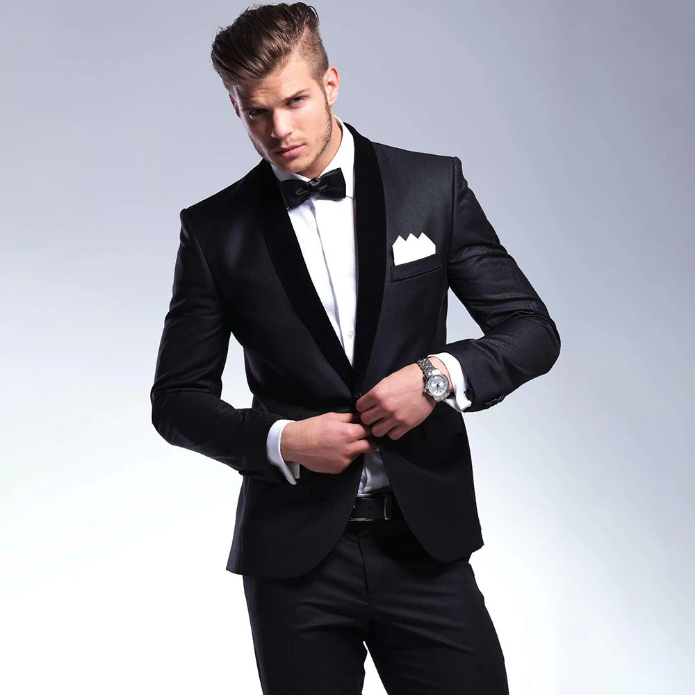 Black Men Suits Slim 2 Piece Fashion Shawl Lapel Single Button Smart Casual Wedding Groom Tuxedo Male Suit Blazer with Pants