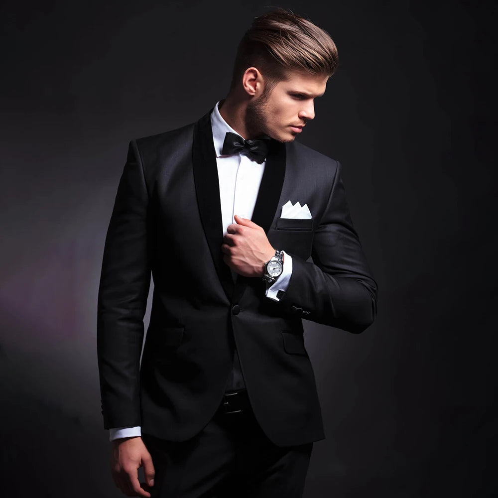 Black Men Suits Slim 2 Piece Fashion Shawl Lapel Single Button Smart Casual Wedding Groom Tuxedo Male Suit Blazer with Pants