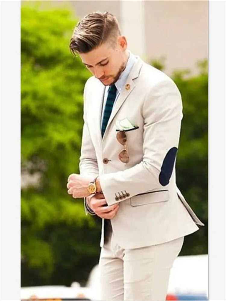 Men Suits Latest Designs Beige Groom Tuxedos elbow patches 2 Pieces (Jacket+Pants) Italian Man Suit Blazer Wedding Prom Dinner