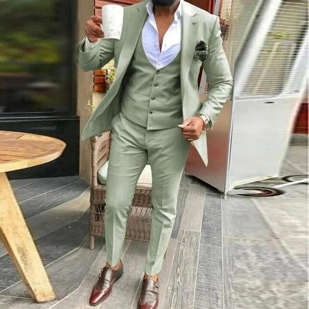 Green Men Suit Slim Fit Formal Business Office Casual Suits For Male Wedding Groom Tuxedo Party 3 Pieces (Jacket+Pants+Vest )