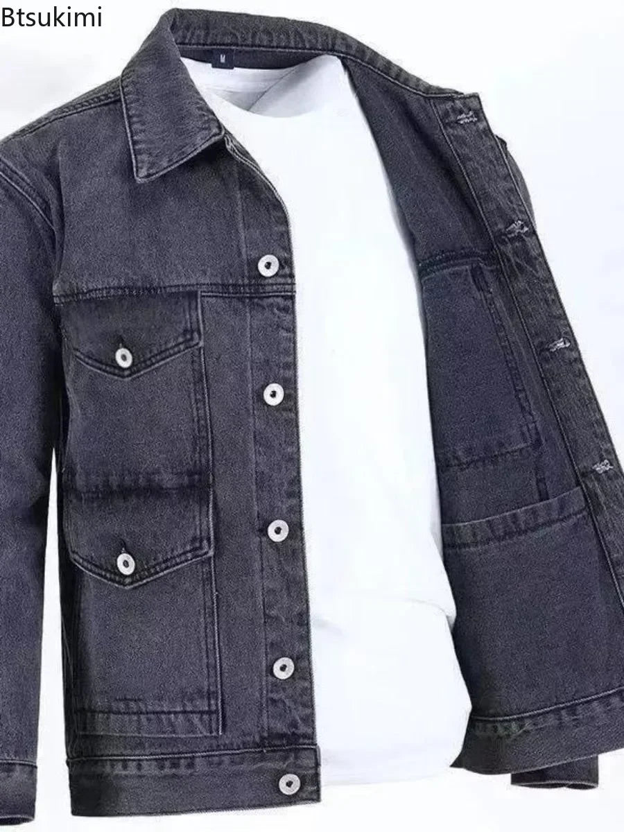2025 New Men's Denim Cargo Jacket Loose Vintage Fashion Casual Cardigan Jacket Men Youth Handsome Washed Cowboy Coats Plus Size