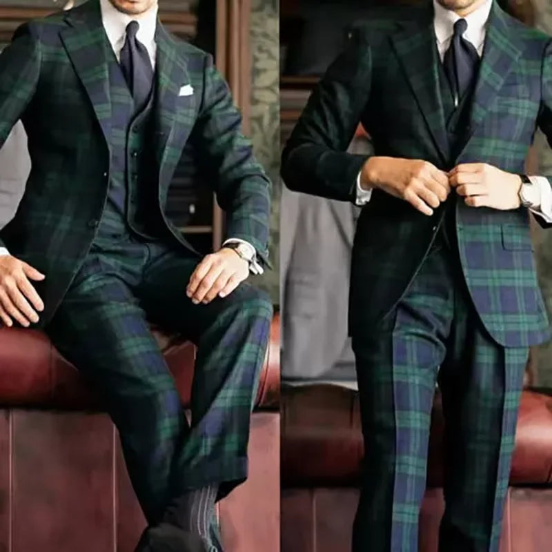 Luxury Men's Suits Blazer Formal Occasion Plaid Single Breasted Notch Lapel Blazer Elegant 3 Piece Jacket Pants Vest Costume