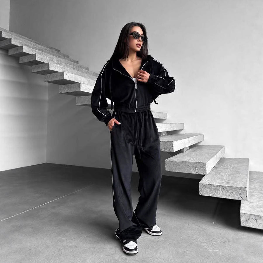 Women's Casual Velvet Hooded Cardigan Coat Wide-leg Pants Sports Suit