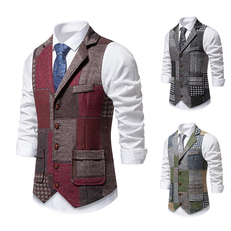Retro Patchwork Lapel Men's European Size Suit Vest