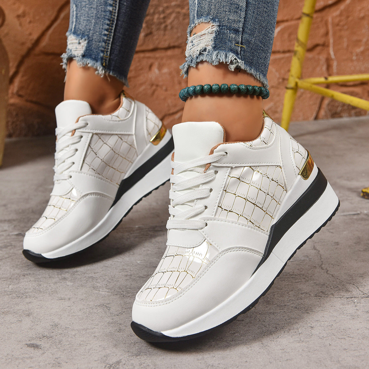 Women's Casual Plus Size Lace Color Block Wedge Sneaker