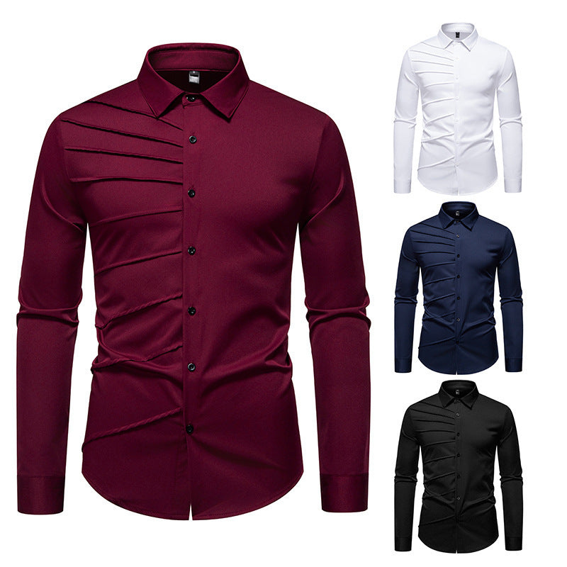 Men's Pleated Design Casual Long-sleeved Shirt
