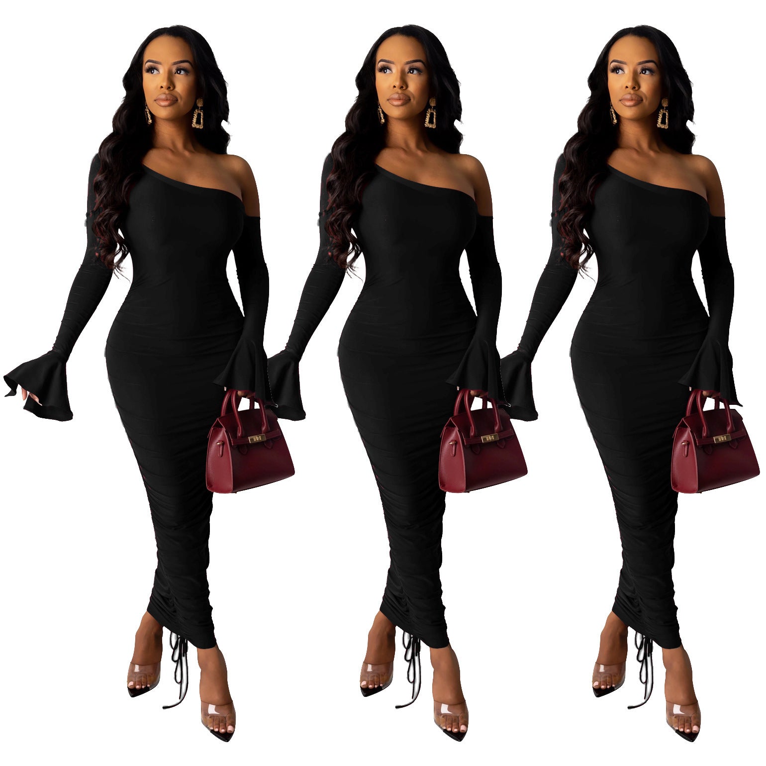 Women's Fashion Sexy Solid Color Flare Sleeve Off-shoulder Pleated Dress