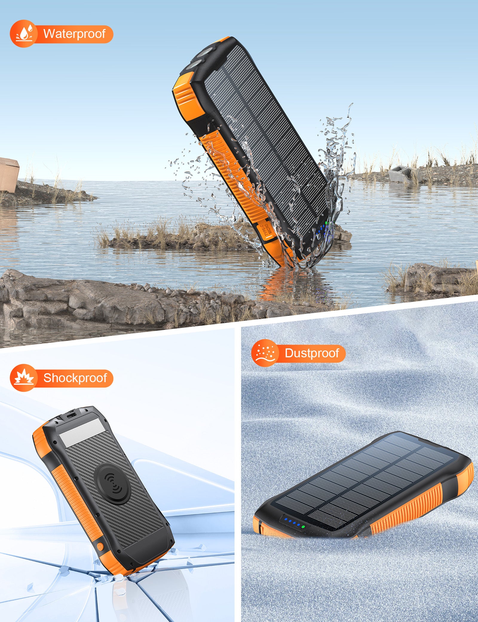 New Product Large Capacity 20000mAh 3 USB C Flashlight Ip67 Waterproof High-speed Wireless Charger Solar Power Bank